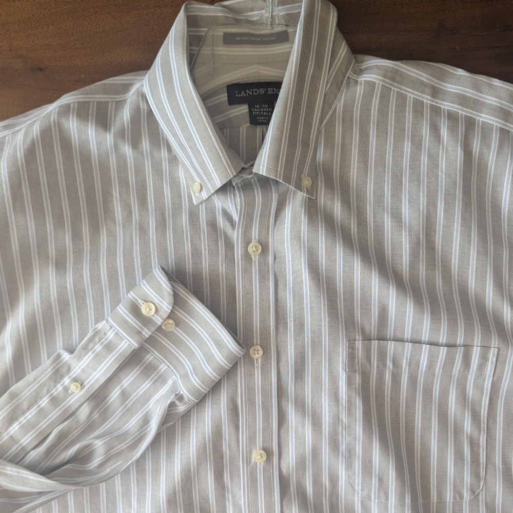 Lands' End Button Down Shirt Grey Striped Tailored Fit Tall Mens 16-36 Preppy
